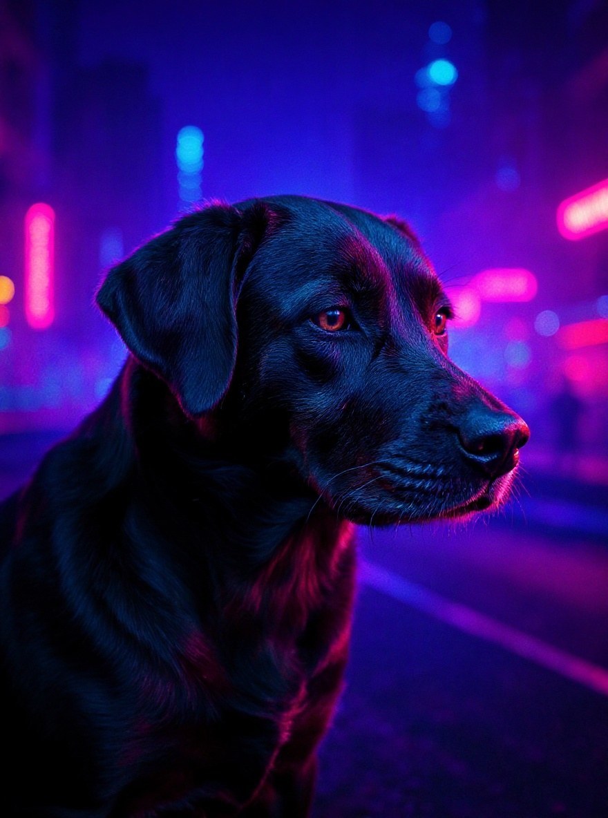 Black labrador cyberpunk neon portrait